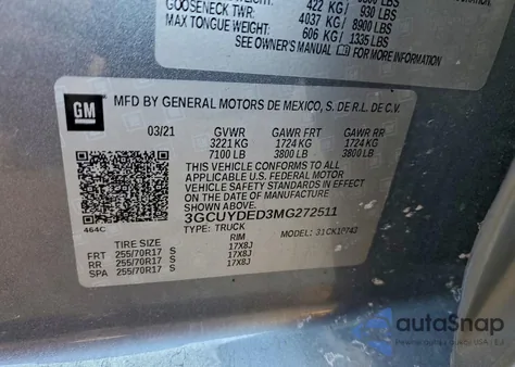 2021 Chevrolet Silverado K1500 Lt z USA, uszkodzony, nr VIN 3GCUYDED3MG272511